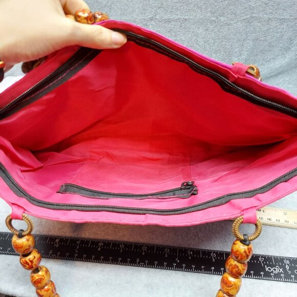 Handcrafted Pink Embroidered Elephant Bead Handle Purse - Picture 4 of 7